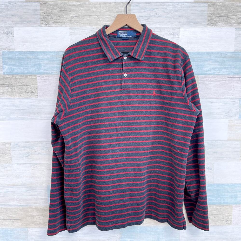 POLO Ralph Lauren Long Sleeve Waffle Knit Polo Shirt Gray Red Stripe Mens XL